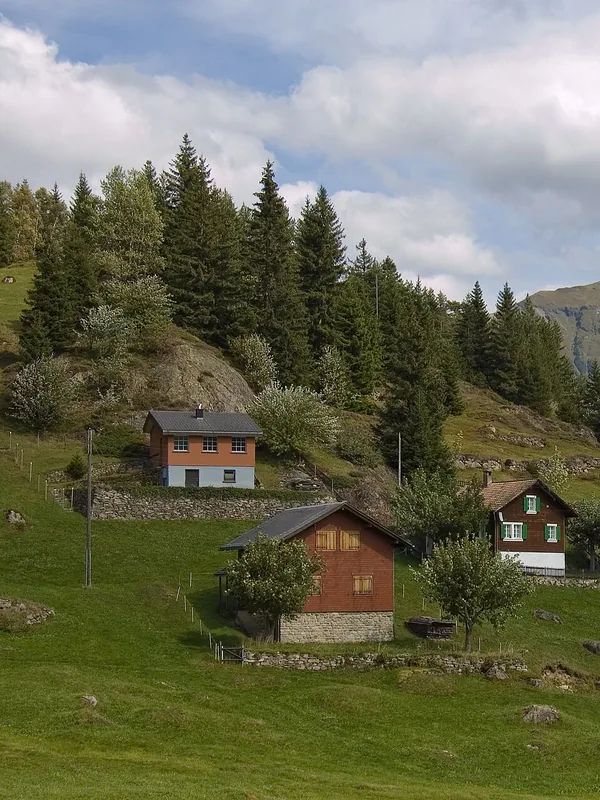 Mountain village beneath the peaks in the Arnisee region of Switzerland